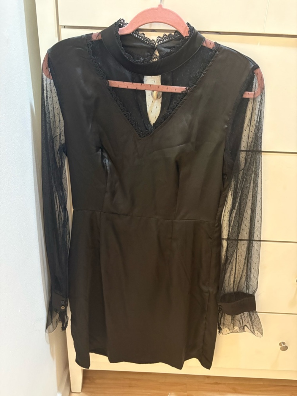 Women’s Black Mesh/Lace Sleeve V-Neck Dress